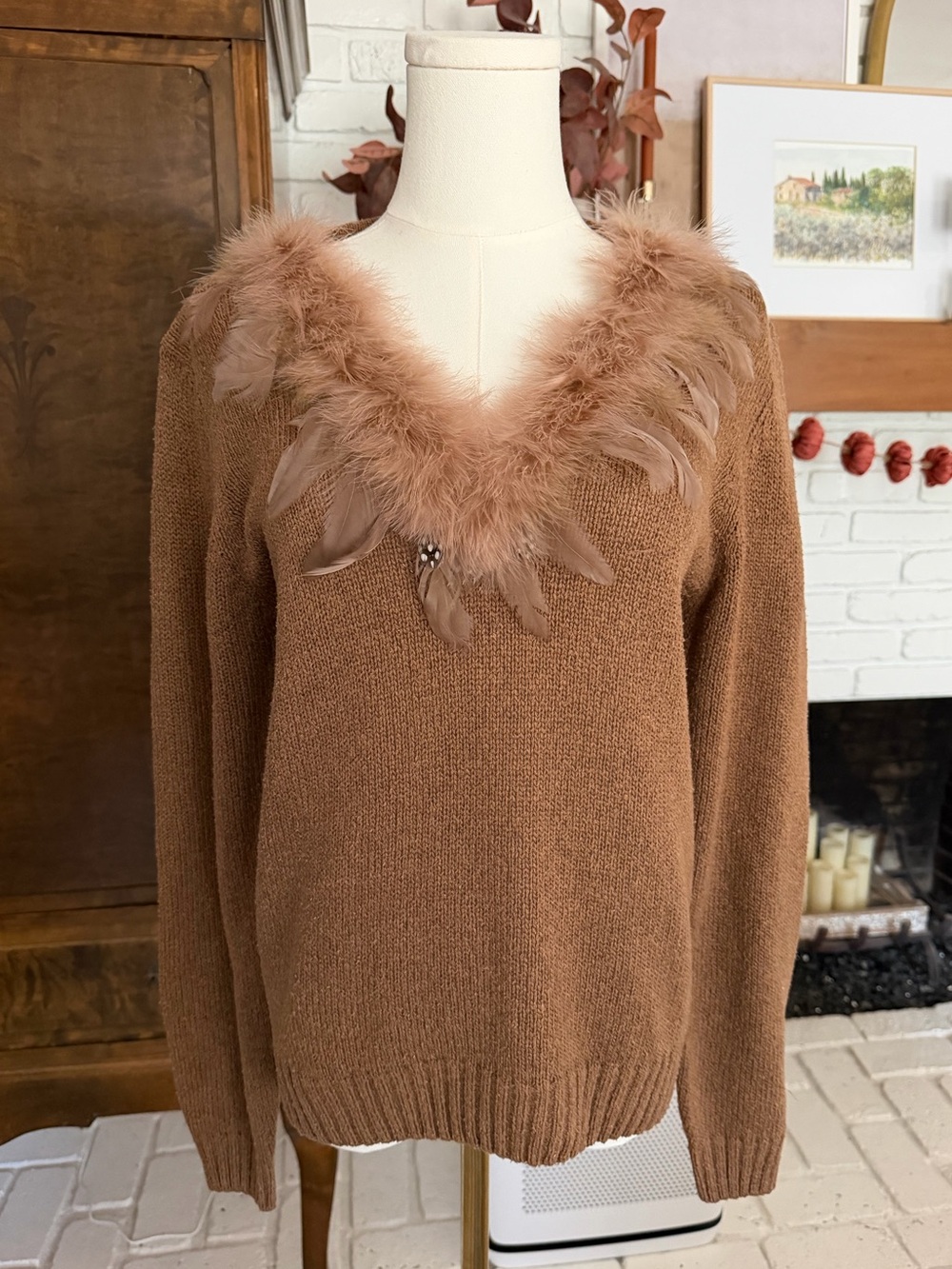 Vintage 90s DUET Brown Knit Pullover with Feather Collar